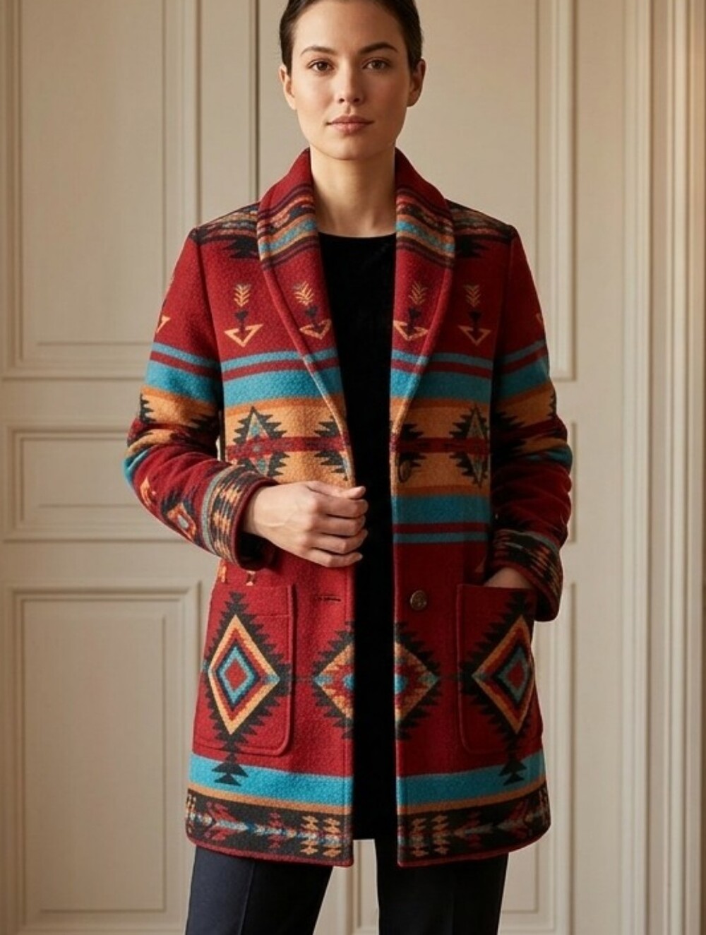 Rhonda Stark Wool Blend Southwestern Blanket Coat Boho Western Ranch Wear Small